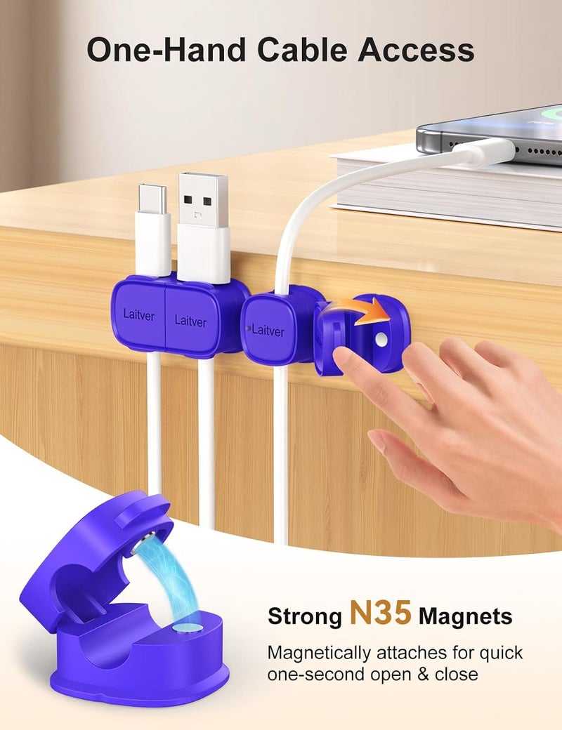 Laitver 6 Pack Magnetic Cable Clips [1s Open/Lock], Cord Organizer Holder Strong Adhesive Desk Cable Management- Organize Charging Cords Neatly for Home, Office, Car,Desk, Nightstand-Dark Blue - Image 4